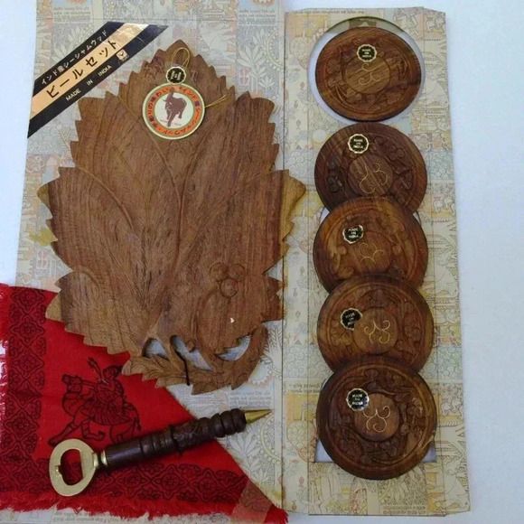 Other - Vintage Mid Century Wooden Hand Carved Leaf Server, Coaster & Bottle Opener Set